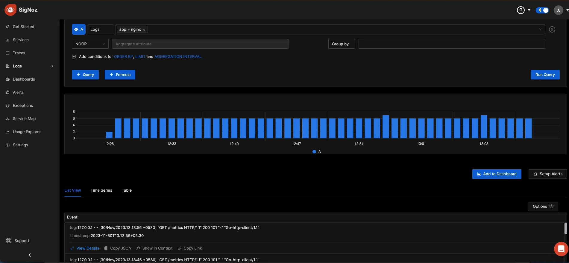 You can visualize the volume of logs as well as the actual log lines easily in this UI.